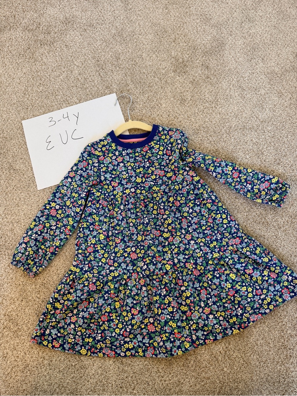 Girls' Mini Boden Navy Floral Long-Sleeve Dress.